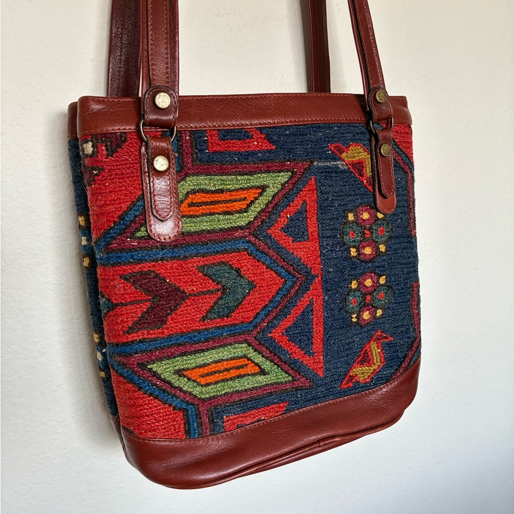 Yun Art Turkish Kilim Woven Wool and Leather Tote Bag